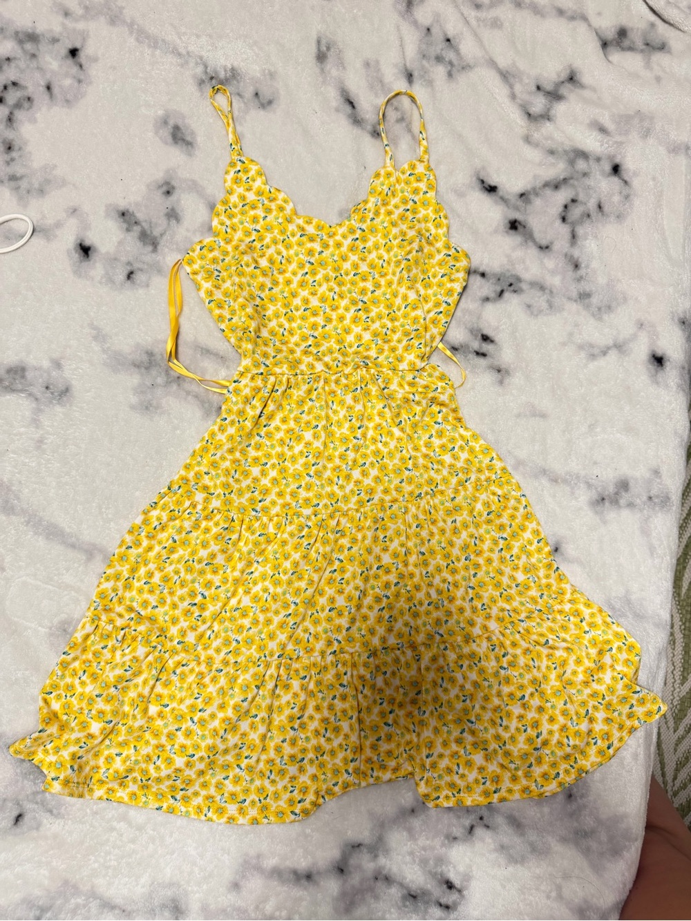 Yellow Floral Scallop-Edge Kids Dress
